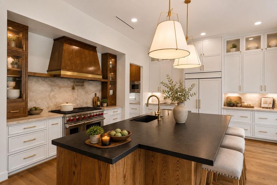 Anchored by a striking 48-inch professional-grade Wolf range with a convenient pot filler, this designer kitchen pairs rich oak accents with crisp custom cabinetry to create a warm yet sophisticated culinary space. A dramatic oak-clad island with generous seating invites effortless entertaining, while the seamlessly integrated paneled SubZero refrigerator and premium finishes deliver a refined, custom-built aesthetic throughout.  Virtually staged to illustrate furnishing possibilities