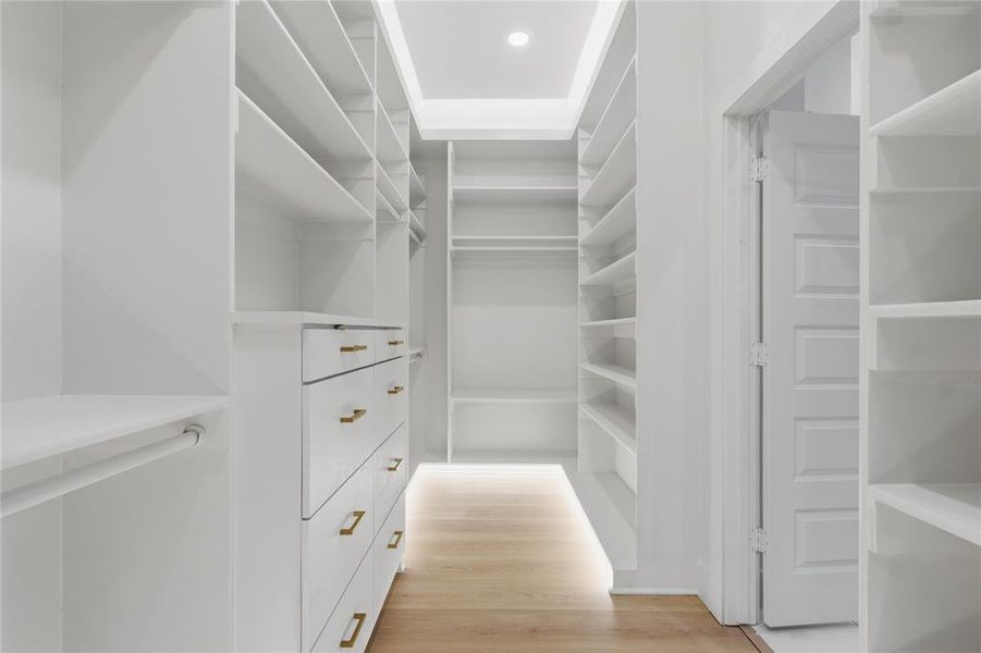 Walk in closet featuring light wood-type flooring Walk in closet featuring light wood-type flooring