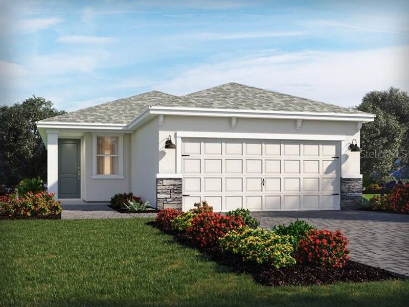 Front exterior of a new home in Crescent Lakes - Premier Series, Punta Gorda, FL, highlighting curb appeal (Image 1).