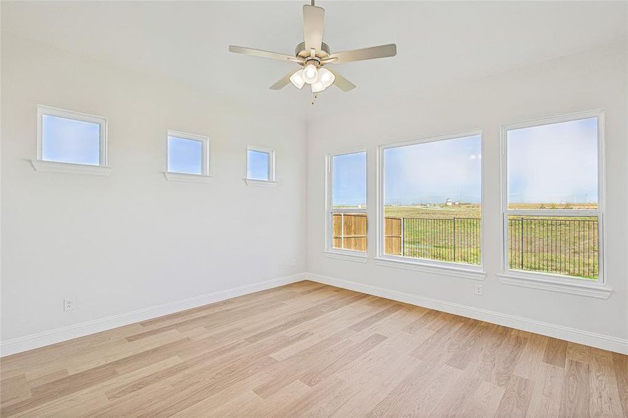 Spare room featuring ceiling fan, light wood-style flooring, and plenty of natural light