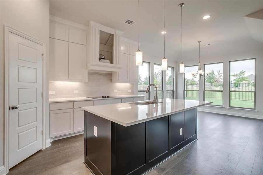 Kitchen with white cabinets, dark hardwood / wood-style flooring, an island with sink, and sink