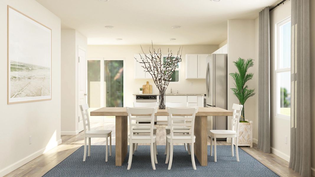 A dining room with a table and chairs. A dining room with a table and chairs.