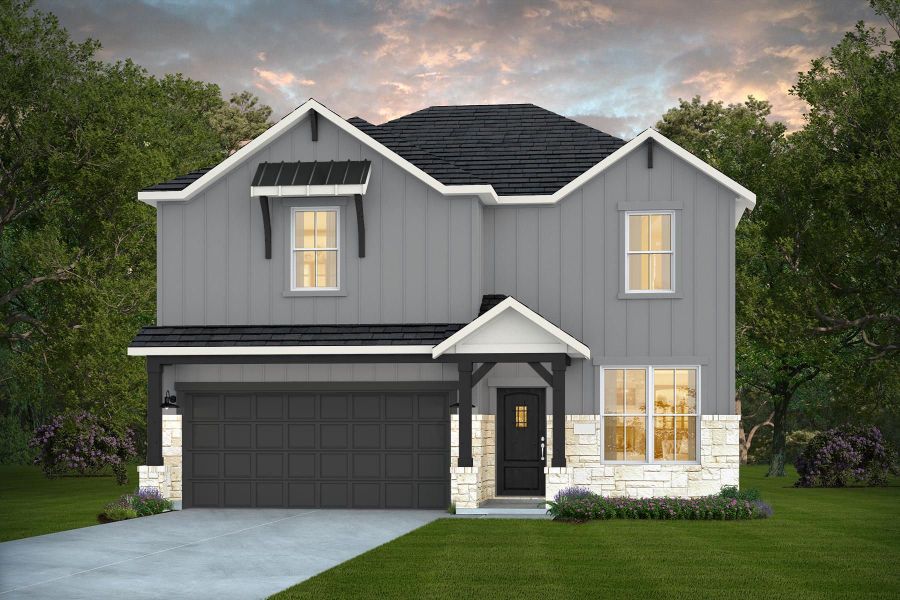Front exterior of a new home in Horizon Ridge, San Antonio, TX, highlighting curb appeal (Image 1). Front exterior of a new home in Horizon Ridge, San Antonio, TX, highlighting curb appeal (Image 1).