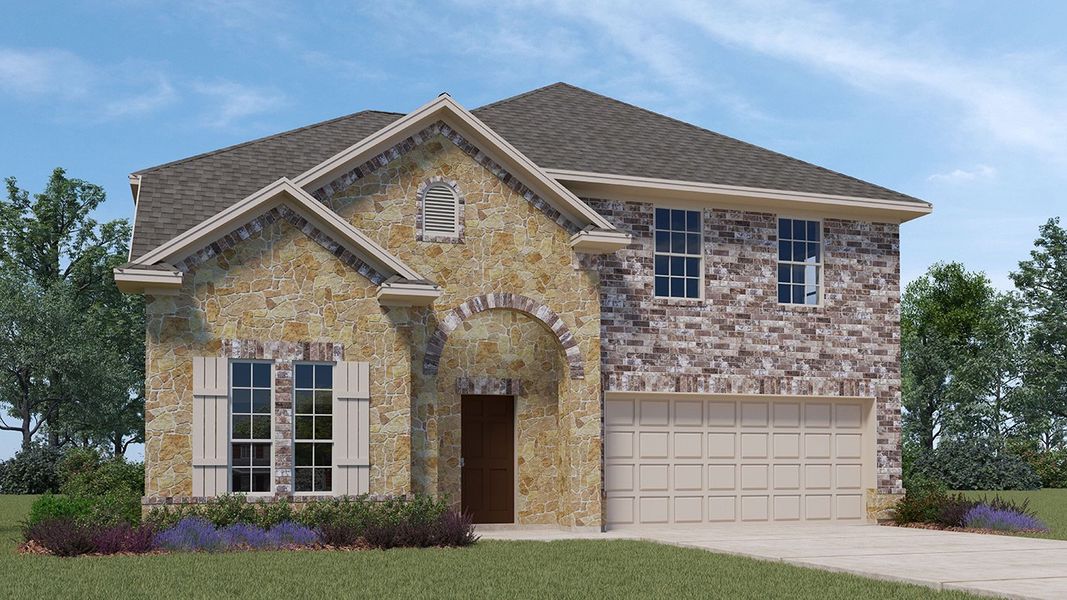 Representative exterior photo of a completed home built from the Daventry by D.R. Horton in Woodcreek, Fate, TX (Image 1). Representative exterior photo of a completed home built from the Daventry by D.R. Horton in Woodcreek, Fate, TX (Image 1).