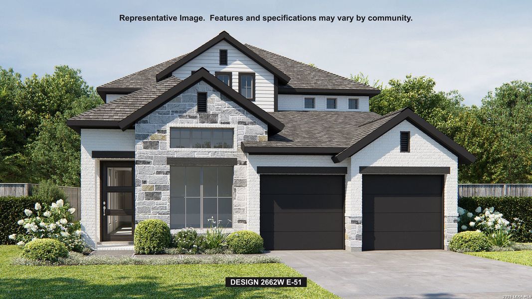 Front exterior of a new home in Homestead, Schertz, TX, highlighting curb appeal (Image 1). Front exterior of a new home in Homestead, Schertz, TX, highlighting curb appeal (Image 1).