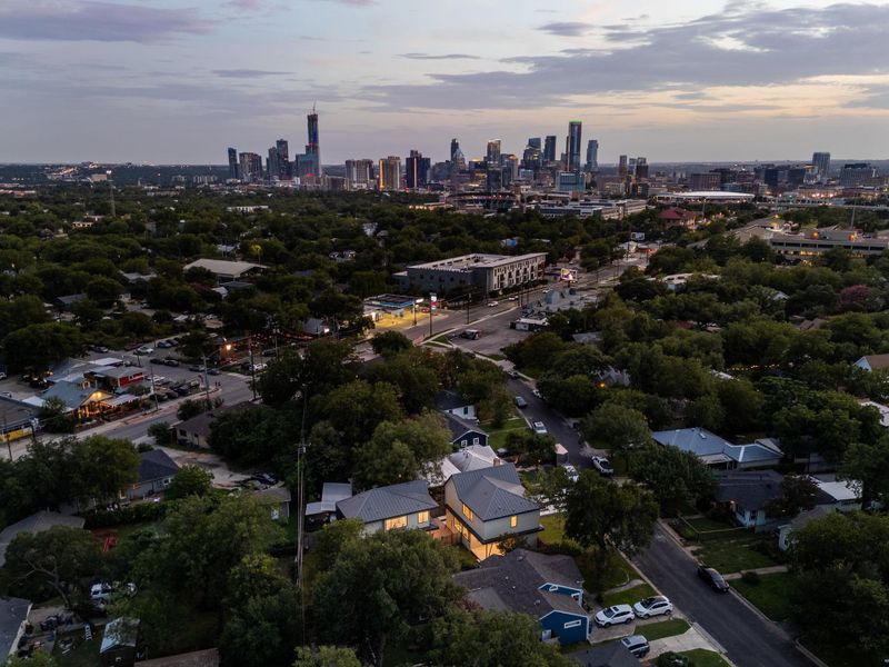 Aerial view at dusk of a skyline view