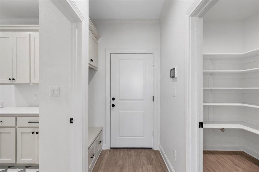 Mudroom with light wood finished floors and crown molding Mudroom with light wood finished floors and crown molding