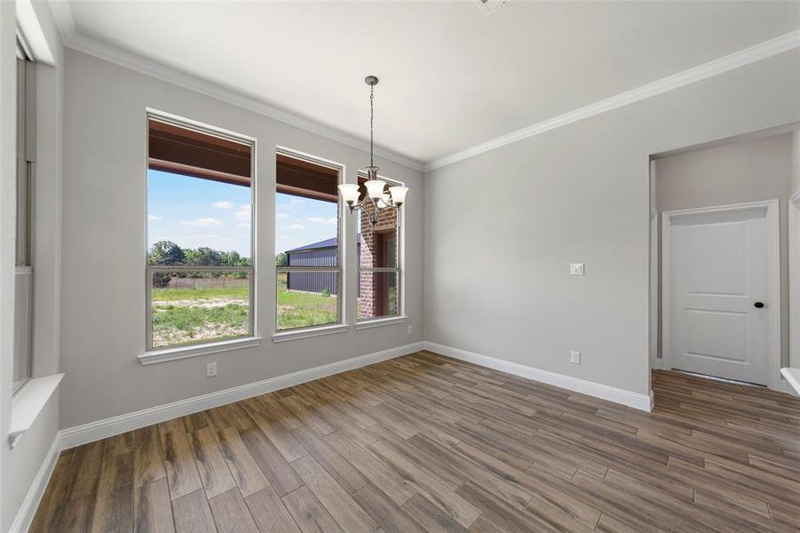 Spare room with a chandelier, dark wood-style floors, baseboards, and crown molding Spare room with a chandelier, dark wood-style floors, baseboards, and crown molding