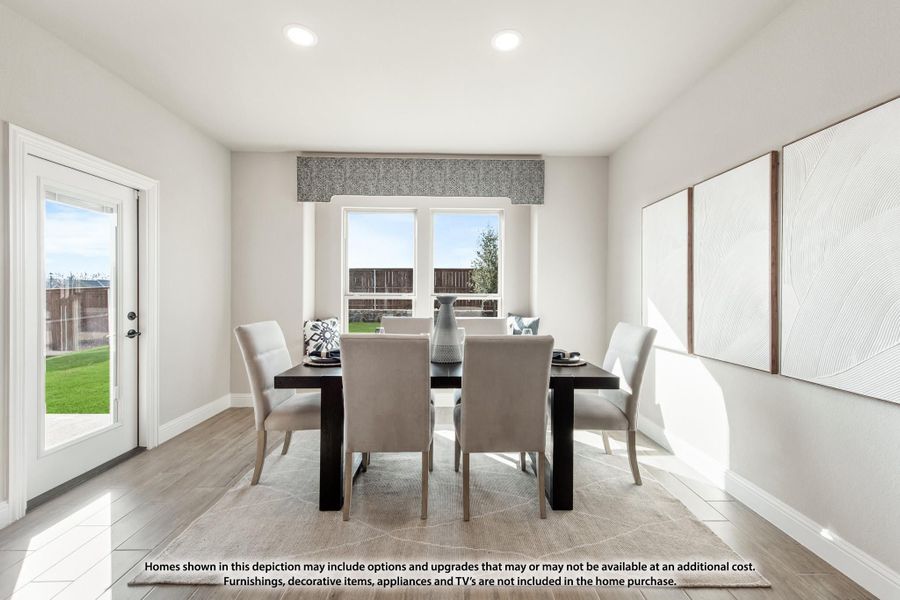 Dining room with dark wood table, six upholstered chairs, light wood floors, and a glass door leading to backyard Dining room with dark wood table, six upholstered chairs, light wood floors, and a glass door leading to backyard