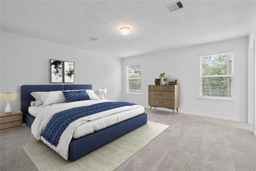 Come and unwind after a long day in this magnificent primary suite! This spacious room features plush carpet, warm paint, high ceilings, lighting, and large windows with privacy blinds.