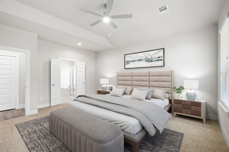 Come decompress in the stunning primary suite after a lengthy day! Experience the luxury of plush carpeting, warm paint hues, high ceilings, and large windows featuring privacy blinds. Virtual staged.