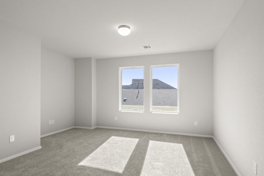Image of a flex space with tan carpeting, light grey walls and windows