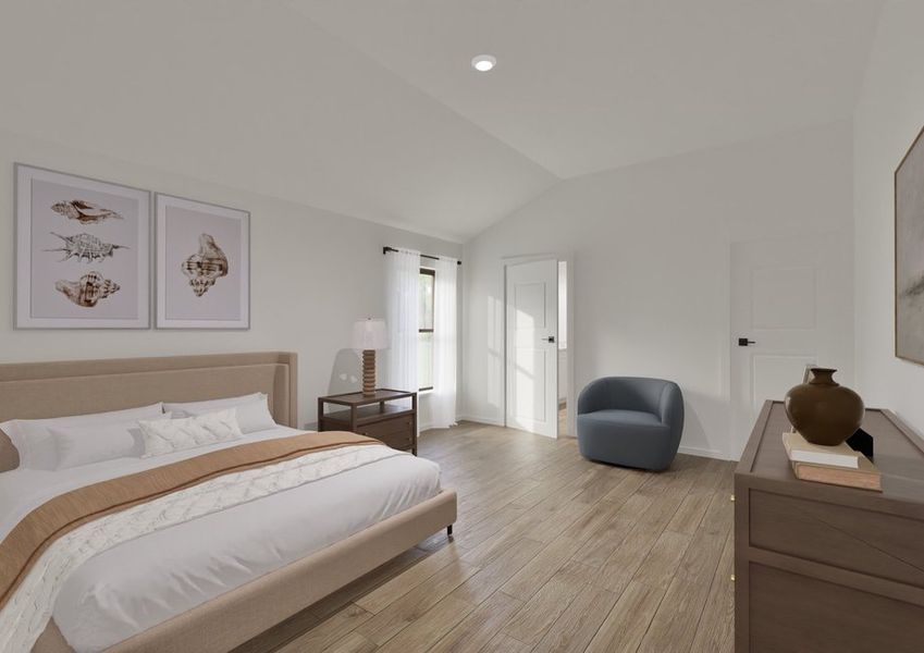 A cozy bedroom with a beige and white color scheme. Features a neatly made bed, wooden nightstands with lamps, framed seashell art.