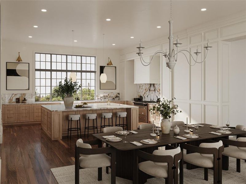 *Virtual Rendering* The kitchen features handsome wood floors, a spacious working island with an under-mount sink, and sleek pendant light fixtures above the island. This kitchen is a chef's dream!