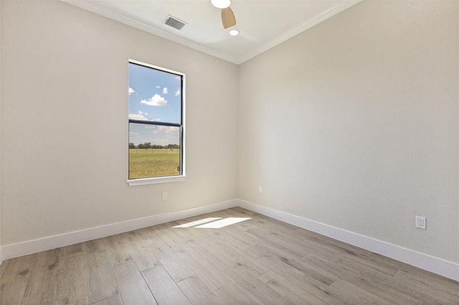 Neutral-toned bedroom featuring a single window, crown molding, and wood-finish flooring