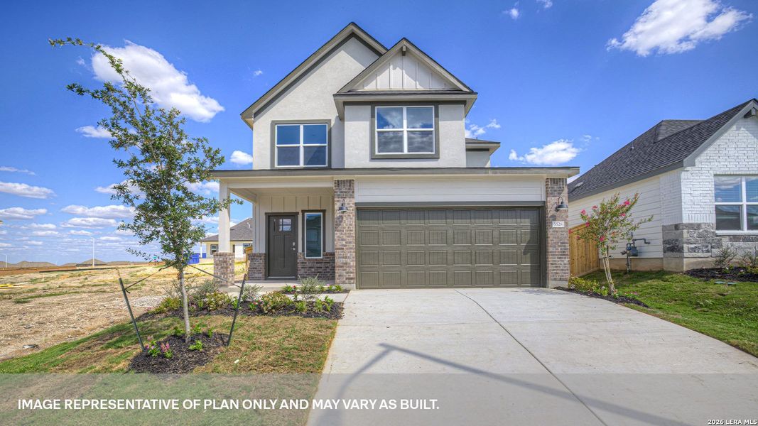 Front exterior of a new home in Mayfair, New Braunfels, TX, highlighting curb appeal (Image 1). Front exterior of a new home in Mayfair, New Braunfels, TX, highlighting curb appeal (Image 1).