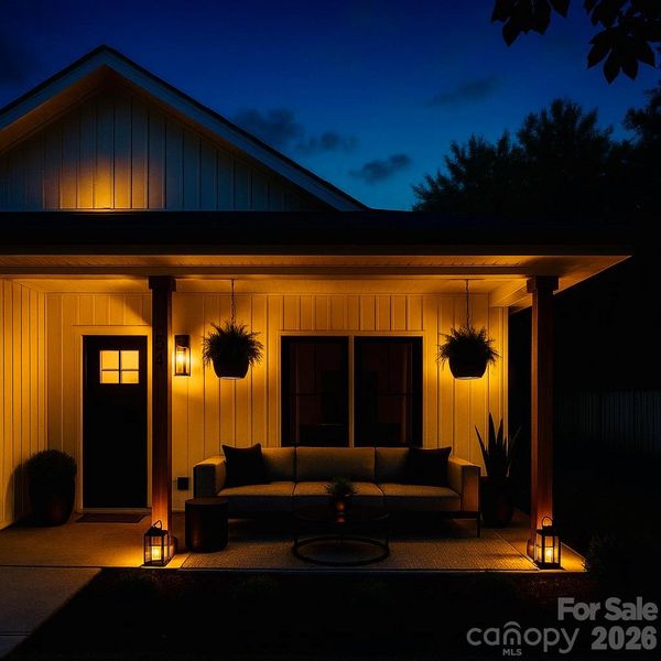 Front Porch with Suggested staging at night.