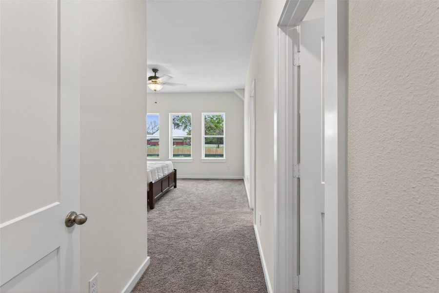 Inviting hallway leading to the primary suite, enhanced by soft carpeting and a seamless, well-designed flow between spaces. Inviting hallway leading to the primary suite, enhanced by soft carpeting and a seamless, well-designed flow between spaces.