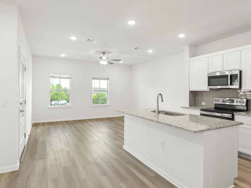 An inviting open-concept area blends kitchen and living spaces for modern living.
