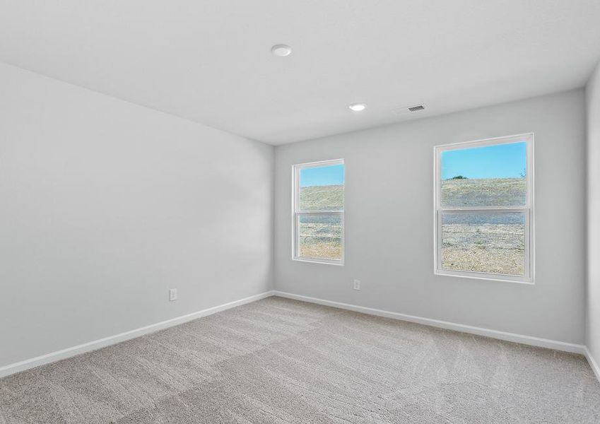 Master bedroom with two windows and carpet.