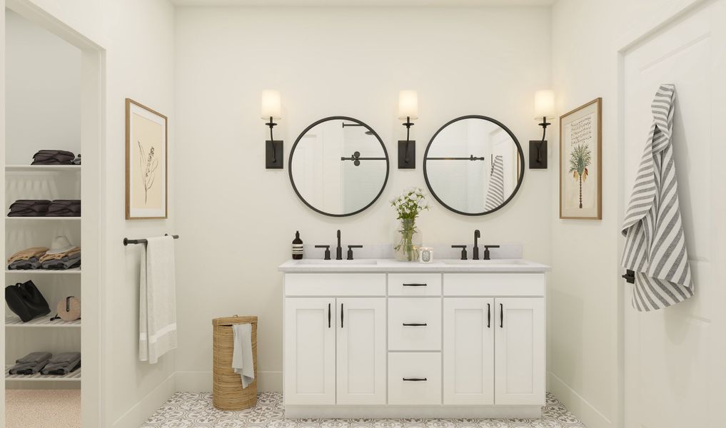 Primary bath with freestanding vanity