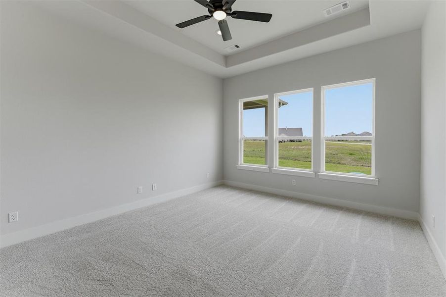 Expansive room featuring a tray ceiling with a black ceiling fan, light gray carpeting, and three large windows overlooking open green space