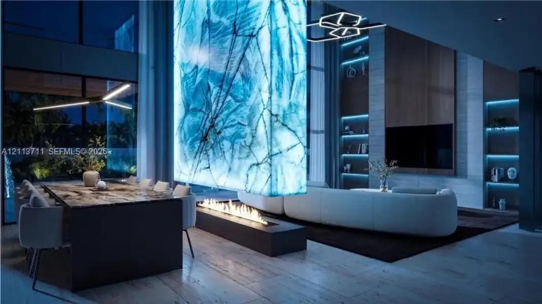 Double-height space featuring a backlit stone-slab accent wall, linear gas fireplace, integrated LED display shelving, and wood-finish flooring