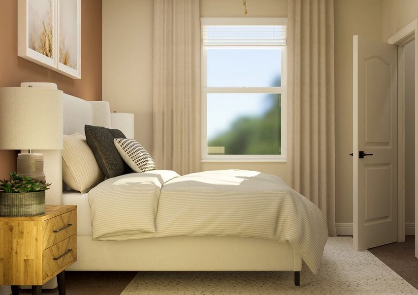 Rendering of a bedroom with a bed and nightstand. Rendering of a bedroom with a bed and nightstand.