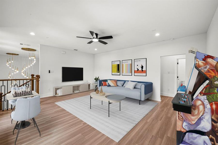 Virtually staged upstairs gameroom, ready for fun!