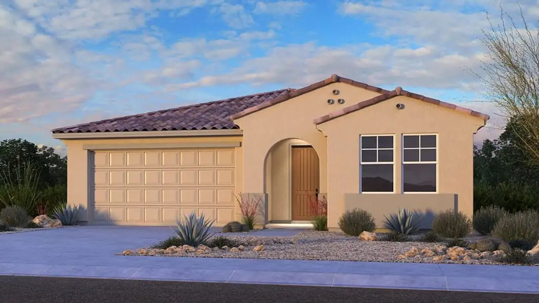 Front exterior of a new home in Paradisi, Surprise, AZ, highlighting curb appeal (Image 1). Front exterior of a new home in Paradisi, Surprise, AZ, highlighting curb appeal (Image 1).