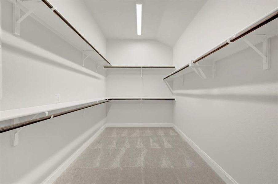 Walk in closet featuring light colored carpet