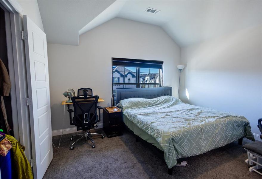 Bedroom featuring carpet flooring, lofted ceiling, and an office area