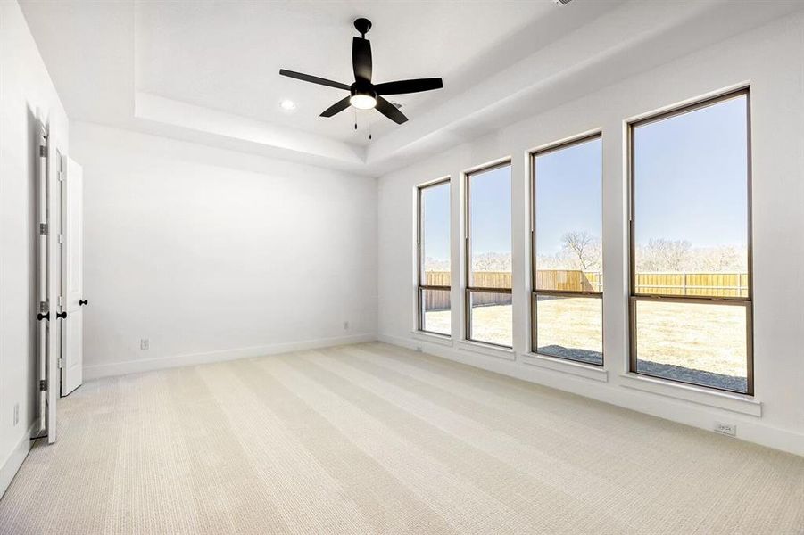 Unfurnished room with light carpet, ceiling fan, recessed lighting, and a tray ceiling