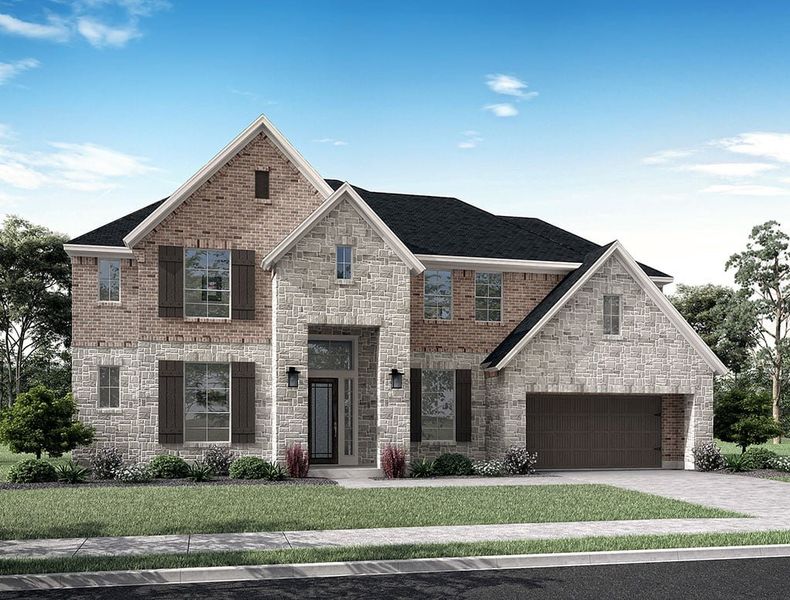 Front exterior of a new home in Harvest Green 75′, Richmond, TX, highlighting curb appeal (Image 1).