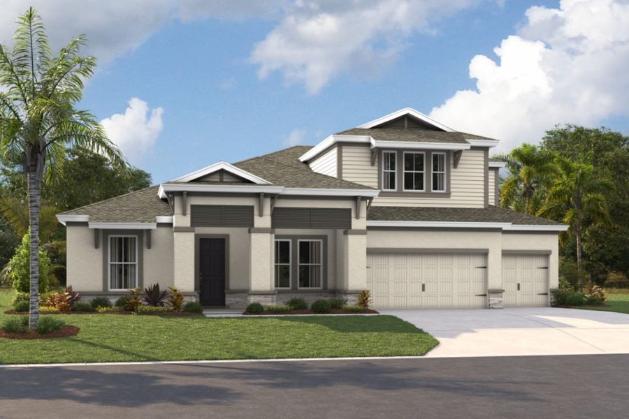 Representative exterior photo of a completed home built from the Key Largo II by Homes by WestBay in Pasadena Woods, Wesley Chapel, FL (Image 1). Representative exterior photo of a completed home built from the Key Largo II by Homes by WestBay in Pasadena Woods, Wesley Chapel, FL (Image 1).