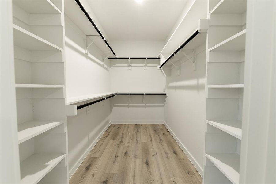 Walk in closet with light wood-type flooring