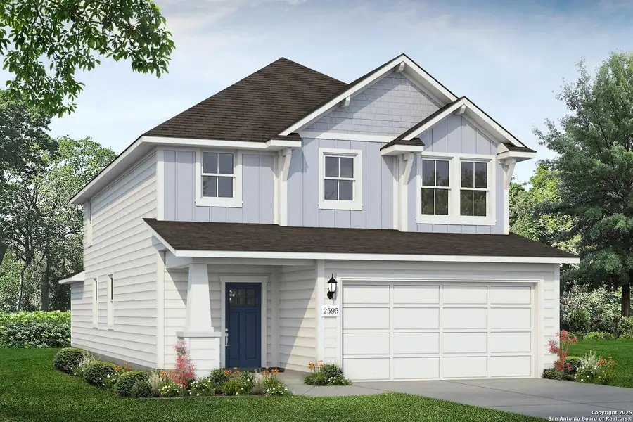 Front exterior of a new home in Hunters Ranch, San Antonio, TX, highlighting curb appeal (Image 1).