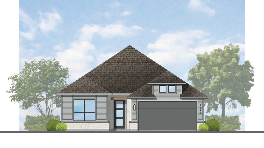 Representative exterior photo of a completed home built from the Weston Plan by Highland Homes in The Crossvine, Schertz, TX (Image 29). Representative exterior photo of a completed home built from the Weston Plan by Highland Homes in The Crossvine, Schertz, TX (Image 29).