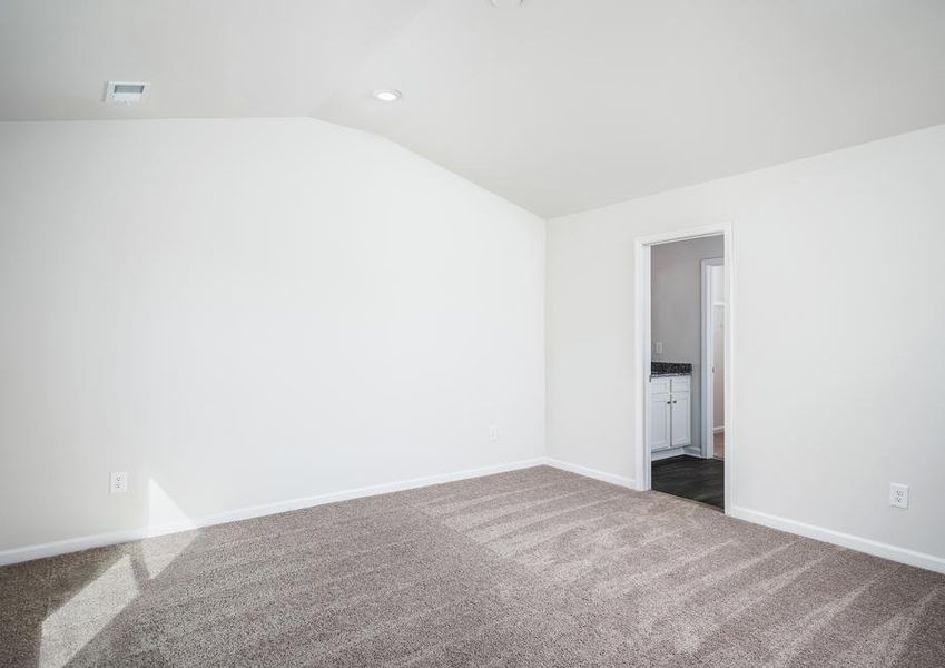 Spacious master bedroom with vaulted ceiling and carpet.