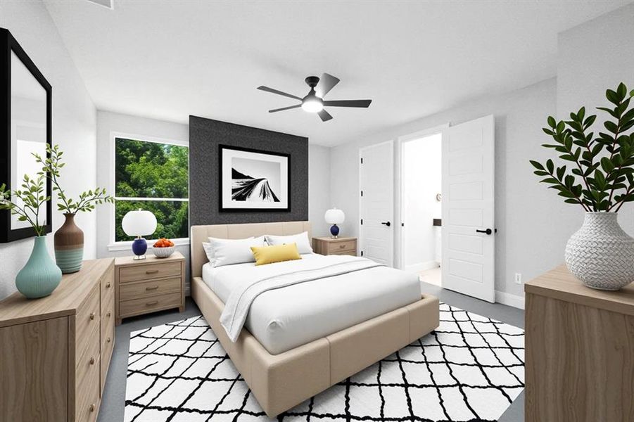 Virtually Staged secondary Ensuite Bedroom featuring baseboards and a ceiling fan Virtually Staged secondary Ensuite Bedroom featuring baseboards and a ceiling fan