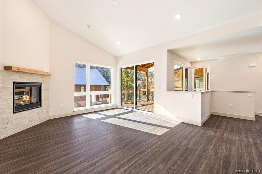 Views of Keystone ski resort from the living area. Please note this unit is still under construction and the mantel will be stained.