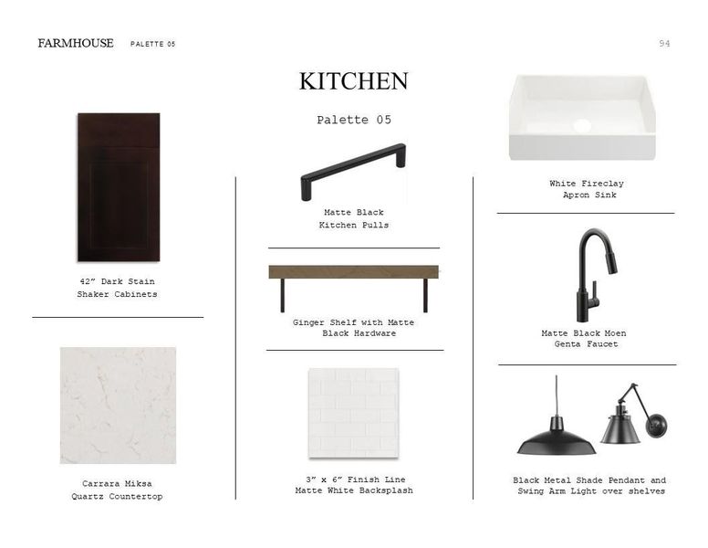 Farmhouse Look Palette 5: Kitchen Selection Sheet (*Artist rendering used for illustration purposes only.)