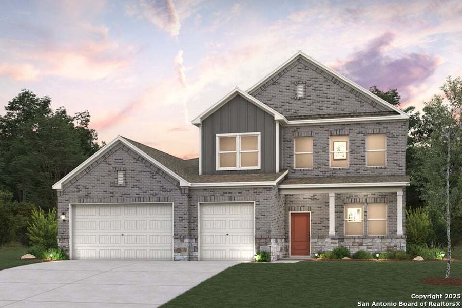 Front exterior of a new home in Homestead, Schertz, TX, highlighting curb appeal (Image 1). Front exterior of a new home in Homestead, Schertz, TX, highlighting curb appeal (Image 1).