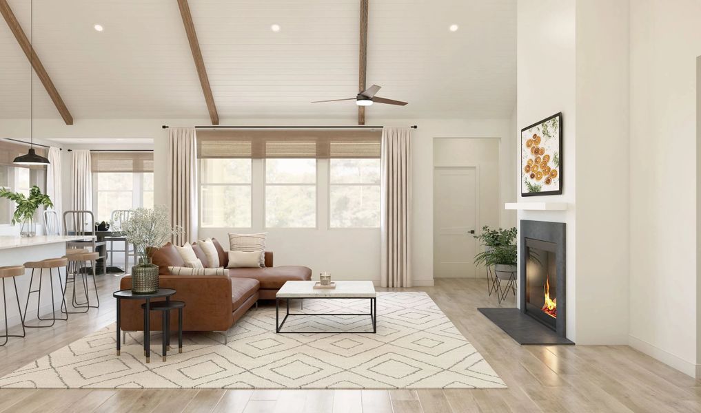 Great room with vaulted ceiling and stained ceiling beams