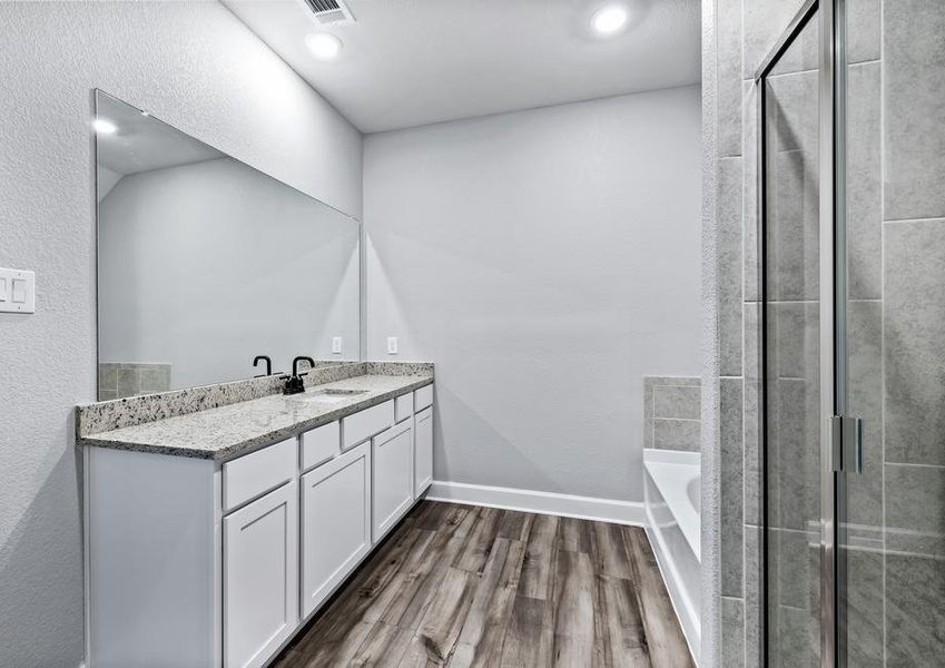 The master bathroom has plenty of counterspace.