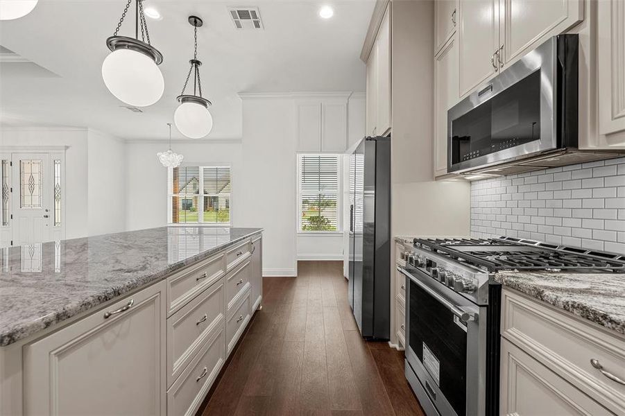 Kitchen with stainless steel appliances, backsplash, dark wood-style floors, light stone countertops, and recessed lighting Kitchen with stainless steel appliances, backsplash, dark wood-style floors, light stone countertops, and recessed lighting