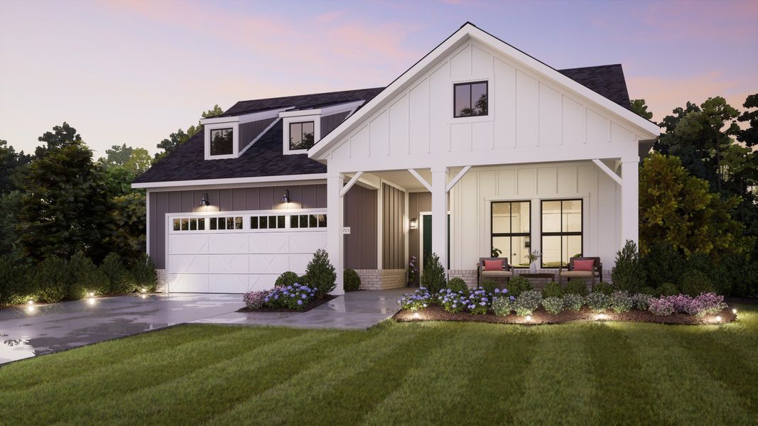 Representative exterior photo of a completed home built from the Portico by Epcon Communities in The Courtyards at Redbud Lane, Holly Springs, GA (Image 25). Representative exterior photo of a completed home built from the Portico by Epcon Communities in The Courtyards at Redbud Lane, Holly Springs, GA (Image 25).