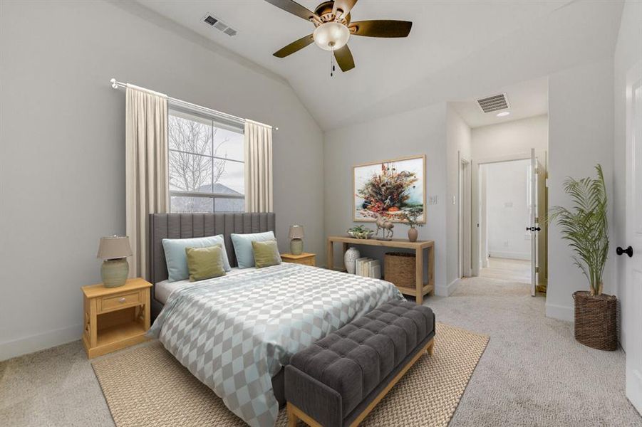 Virtually staged photo - Bedroom with light colored carpet, vaulted ceiling, and ceiling fan