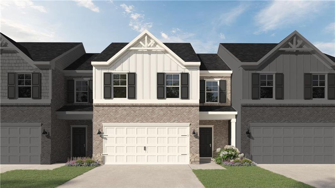 Front exterior of a new home in Park Center Pointe, Mableton, GA, highlighting curb appeal (Image 1). Front exterior of a new home in Park Center Pointe, Mableton, GA, highlighting curb appeal (Image 1).