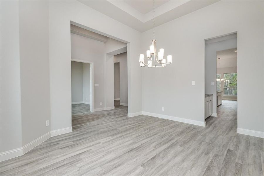 Empty room featuring a chandelier, a raised ceiling, and light hardwood / wood-style flooring